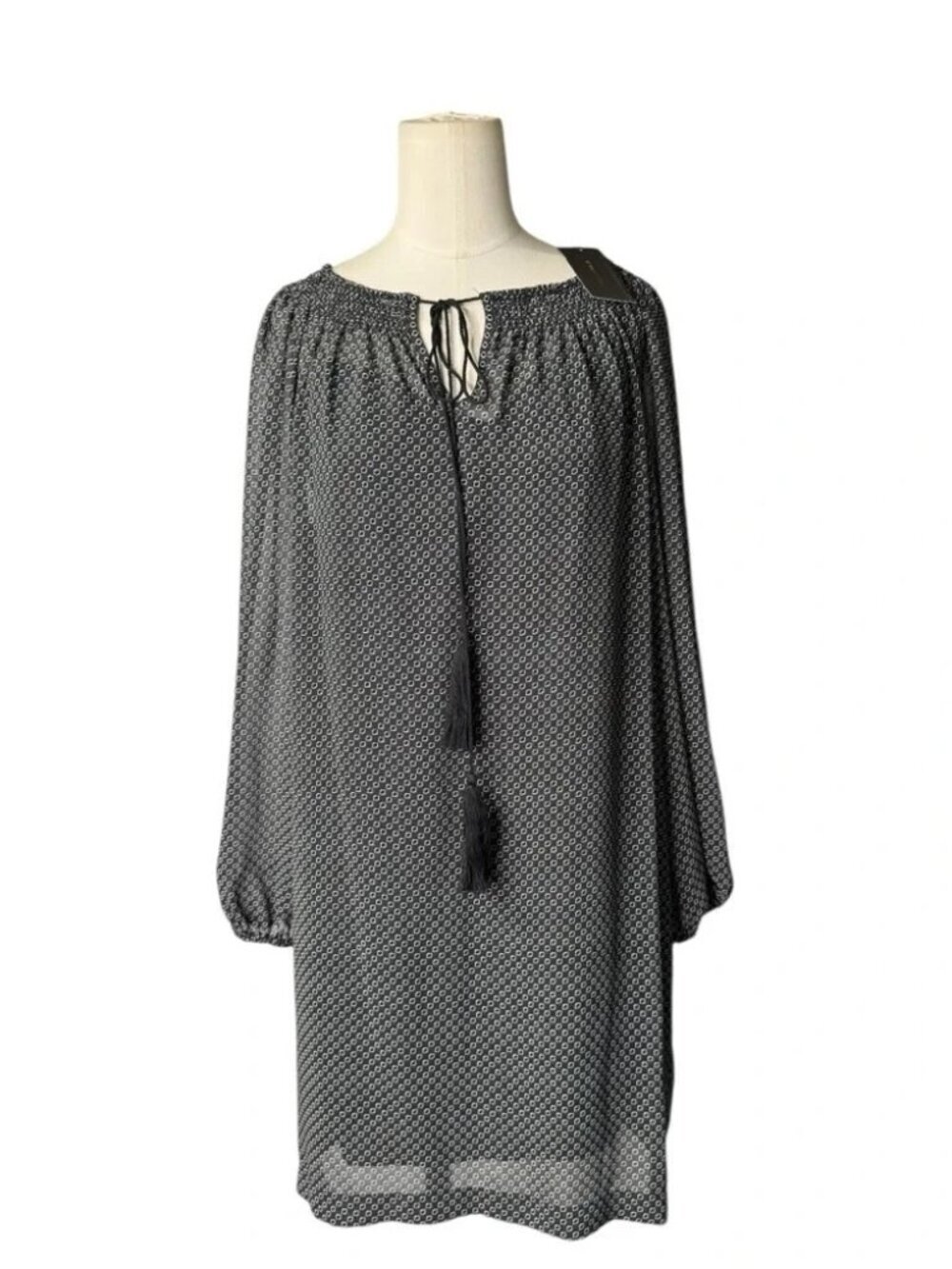 NWT BCBGMaxAzria Black and white printed shift dress Tassel tie neckline - Picture 2 of 8